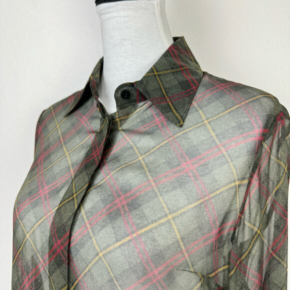 Worth New York | NWT Green Tartan Plaid 100% Silk Long Sleeve Button Down Blouse - Picture 5 of 14